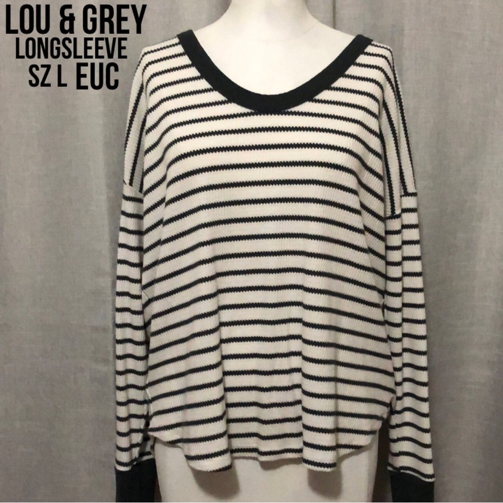 Lou & Grey Striped Thermal LongSleeve-Sz L-Relaxed Boxy Fit-Spruce Green-Cotton